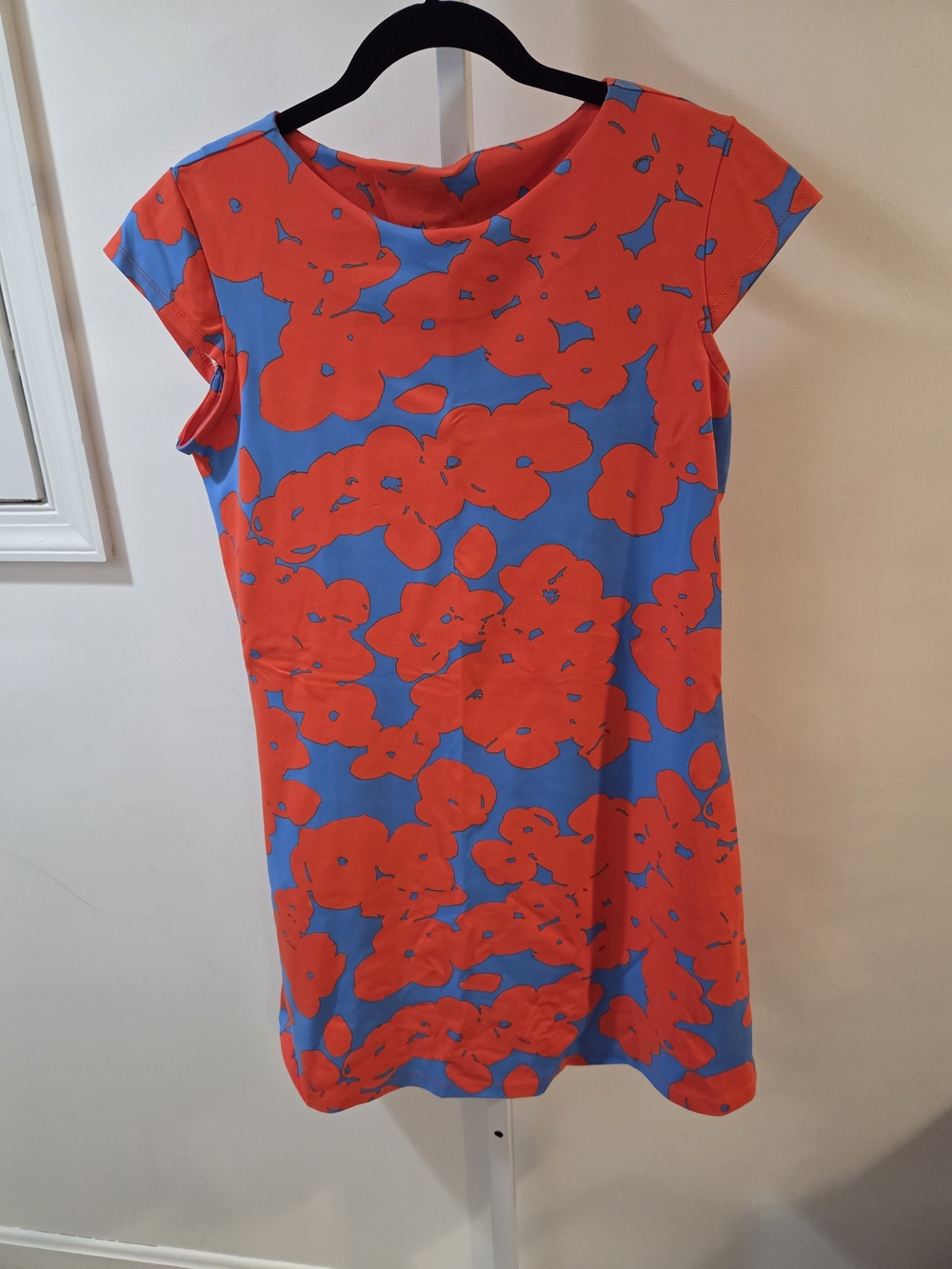 MAHI GOLD Red Floral Shift Dress with Blue Background